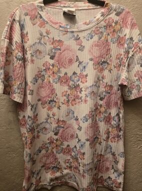 Vintage Floral Ribbed Tee Erika Company Soft Cottagecore Romantic Top Medium